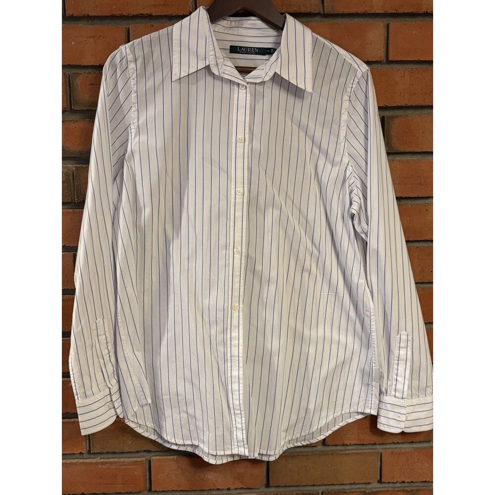 Lauren Ralph Lauren Button Front Shirt White Blue Stripe Women’s Size 10